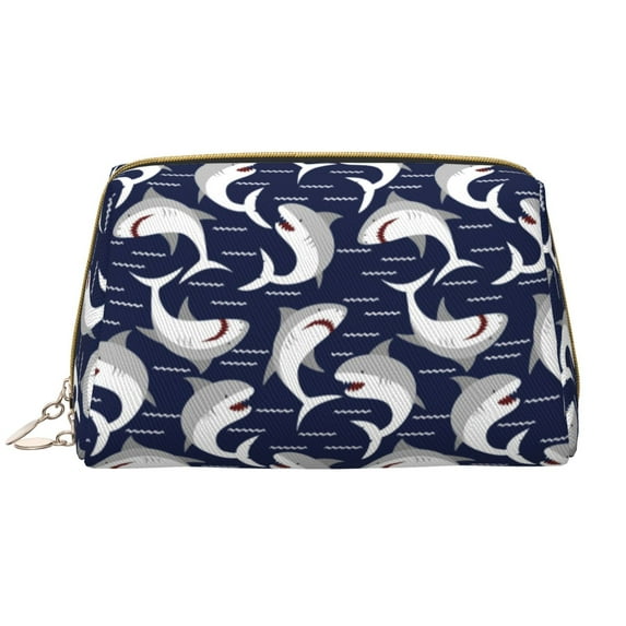 Picia Angry Shark Print Leather Makeup Bag Make Up Bag Travel Toiletry Bag for Her Girlfriend Teacher Teen Girl Gifts