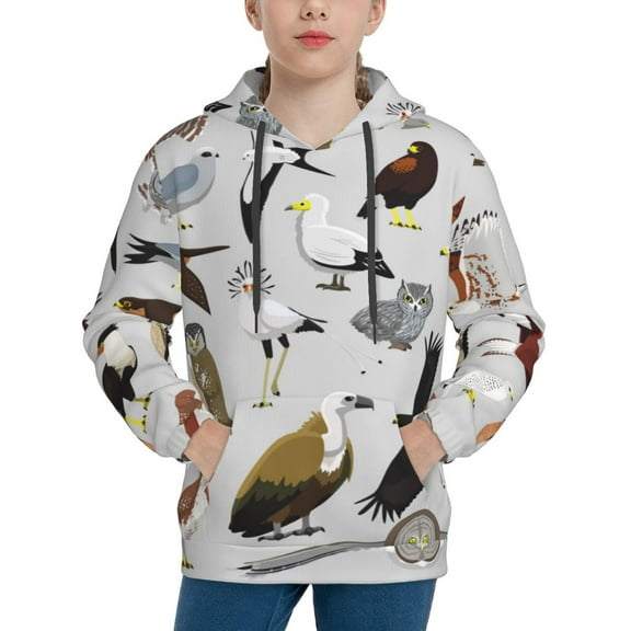 Picia Animal Bird Pattern Youth Hoodie - Warm Pullover Sweatshirt with Kangaroo Pocket, Ideal for Boys and Girls-Large