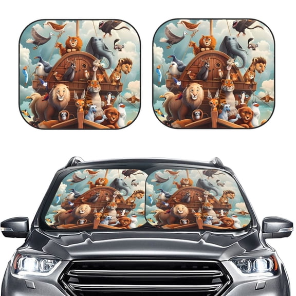 Picia Animal Filled Noahs Ark 2 Piece Car Windshield Sun Shade Foldable | Foldable Sun Shield for Front Window Blocks UV Rays and Keeps Your Vehicle Cool-Medium