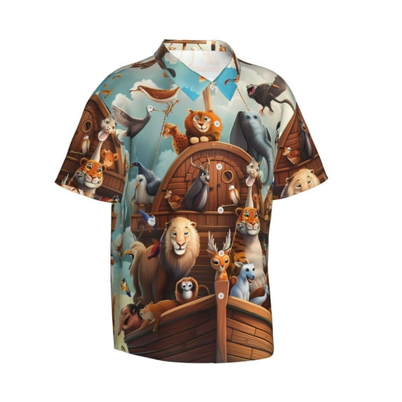 Picia Animal Filled Noahs Ark Gentle Cotton Regular Fit Short Sleeve Casual Hawaiian Shirt for Men-Small