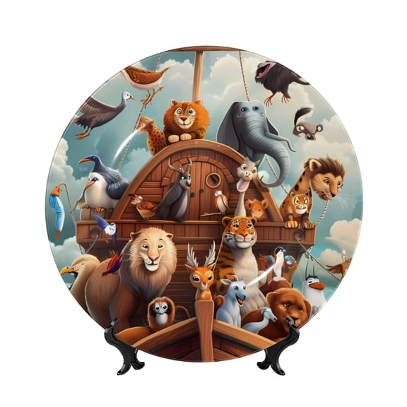 Picia Animal Filled Noahs Ark Pattern Bone China Decorative Plate – Wall Decor with Stand and Adhesive, Elegant Ornament for Living Room, Office, or Entryway-8in