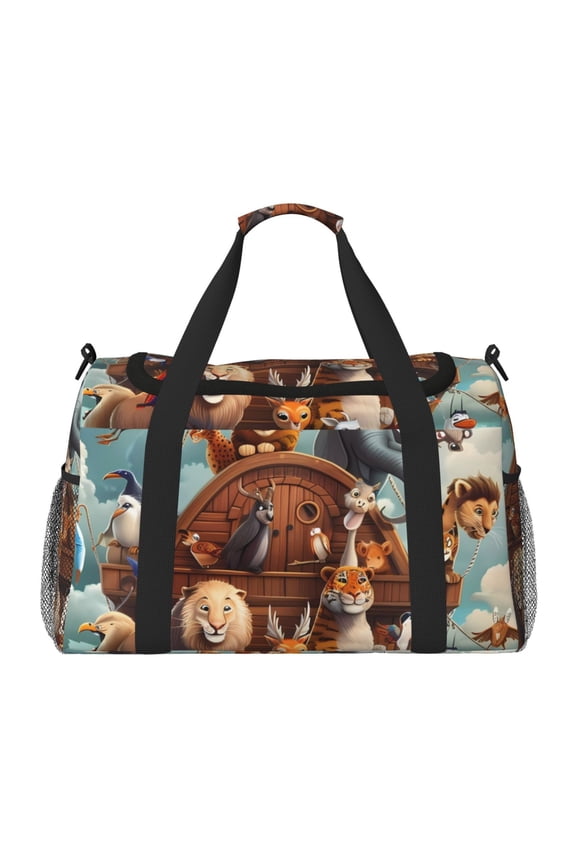 Animal Filled Noahs Ark Print Travel Duffle Bag,Weekender Bags for Women with Shoe Compartment, Gym Duffel Bag with Wet Pocket, Hospital Bags for Labor and Delivery