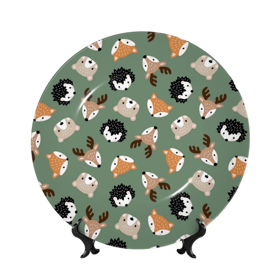 Picia Animal Heads Pattern Bone China Decorative Plate – Wall Decor with Stand and Adhesive, Elegant Ornament for Living Room, Office, or Entryway-8in