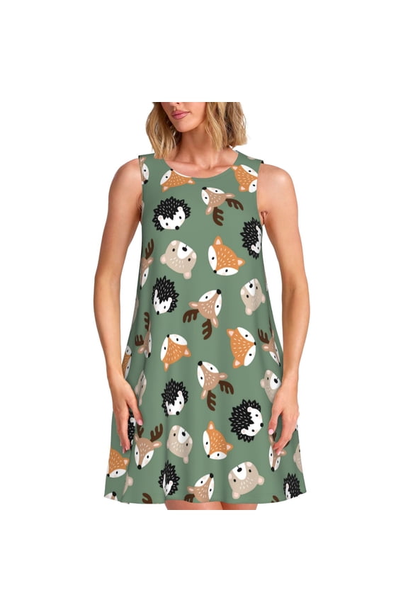 Animal Heads Print Women’s Sleeveless Midi Swing Dress – A-Line Pleated Tank Sundress, Comfortable and Flowy T-Shirt Dress