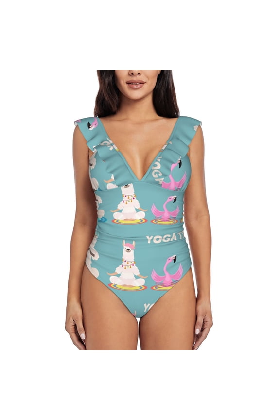 Animal Meditation Blooming Jelly Womens Tummy Control Bathing Suits Slimming Ruffle Swimsuit One Piece Lace Swimwear-