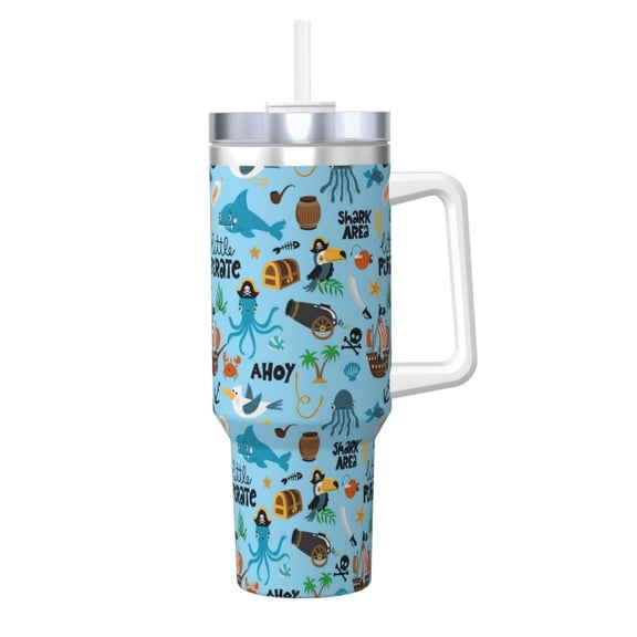 Picia Animal Pirate Pattern 40oz Ice Bully Insulated Tumbler with Handle, Double-Wall Stainless Steel Cup, Leak-Proof Lid and Straw
