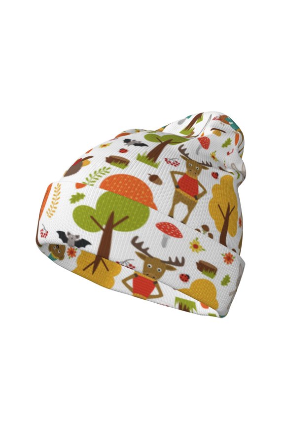 Animals Forest Pattern Knitted Beanie Hat for Men and Women , Unisex Winter Warm Stretchy Knit Cap Thick Fisherman Beanies Cuffed Plain Skull Caps