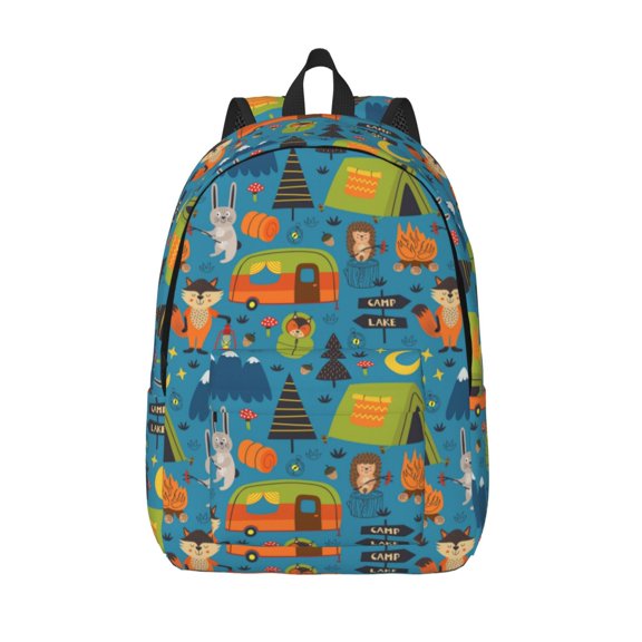 Picia Animals In Camping Printed Canvas Daypack - Stylish and Durable Vintage Compact Backpack - Class, Work, Travel, or Laptop Bookbag,Organized Compartments-Medium
