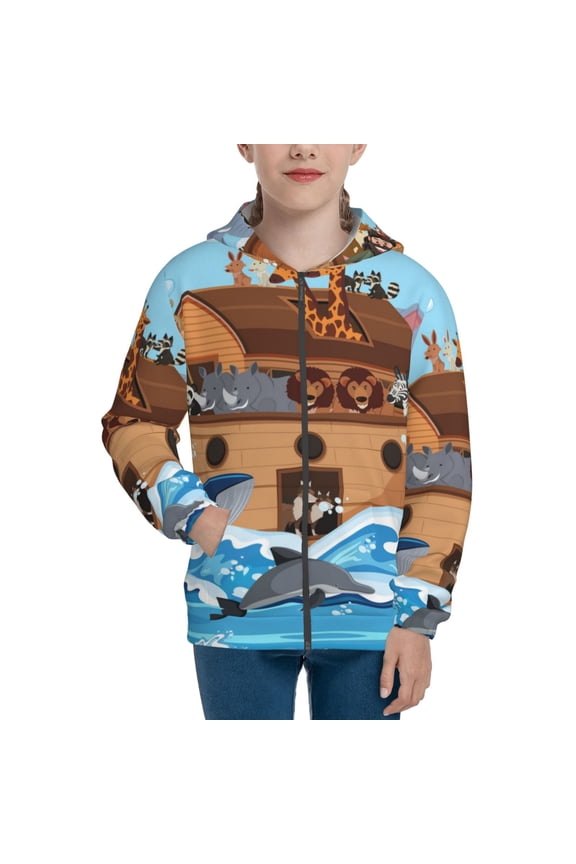 Animals on Noah's Ark for Boys Fashion Full-zip Hoodies & Sweatshirts with Kangaroo Pocket,Zip-up Hooded Sweatshirt for Kid, Moisture Wicking & Breathable-Medium