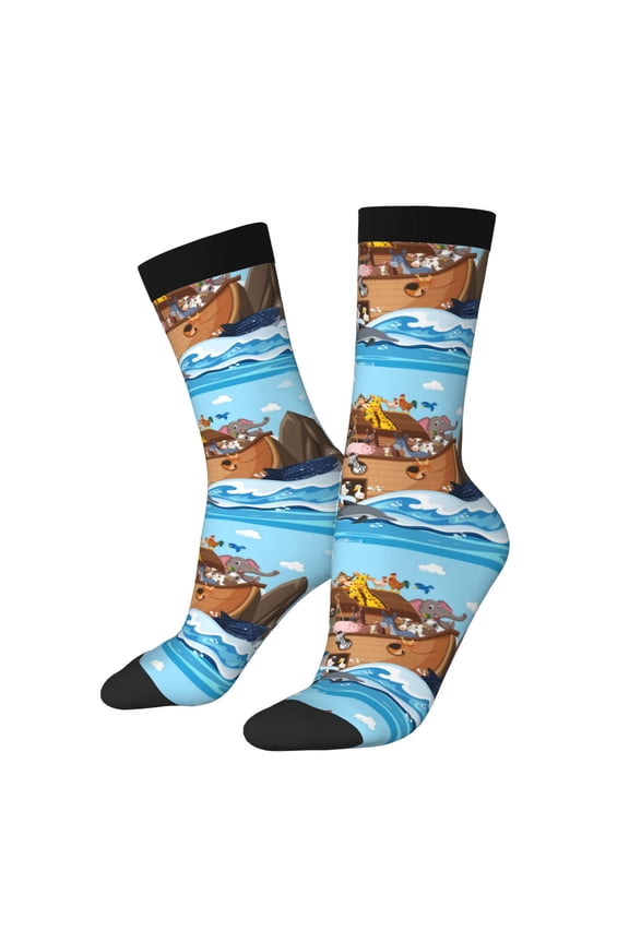 Animals on Noah's Ark Floating Print Athletic Socks for Men & Women – Cushioned Moisture-Wicking Crew Socks for Sports, Running, and Training, Soft & Breathable Size 5-11