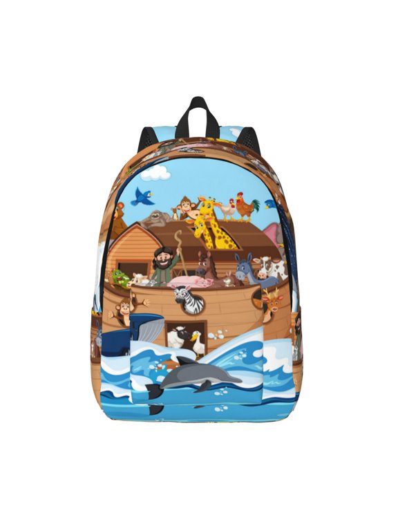Animals on Noah's Ark Floating Printed Canvas Daypack - Stylish and Durable Vintage Compact Backpack - Class, Work, Travel, or Laptop Bookbag,Organized Compartments-Small