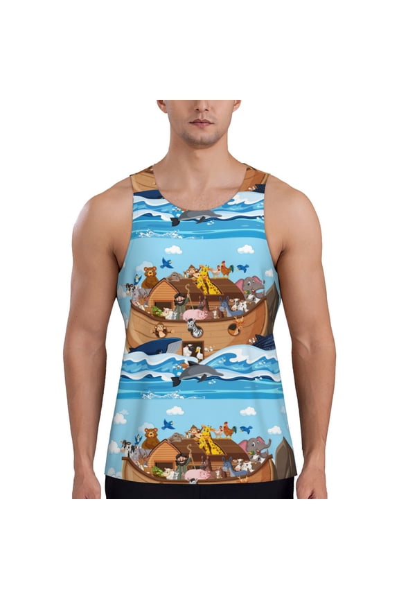 Animals on Noah's Ark Floating Printed Men’s Performance Tank, Men's Workout Tank Top Moisture-Wicking Tank Top Muscle tee, Breathable Workout Shirt-XX-Large