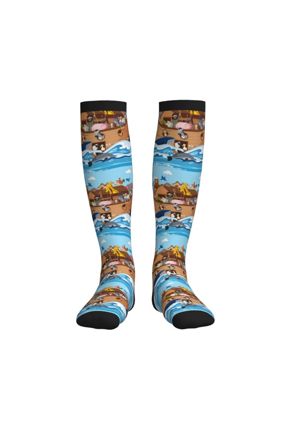Animals on Noah's Ark Floating Printed Sports Compression Socks - 15-20mmHg Graduated Compression, High-Performance Soft and Breathable Socks for Men and Women
