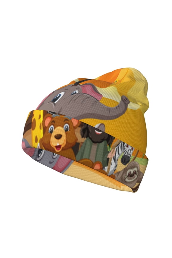 Animals on Noah's Ark1 Pattern Knitted Beanie Hat for Men and Women , Unisex Winter Warm Stretchy Knit Cap Thick Fisherman Beanies Cuffed Plain Skull Caps