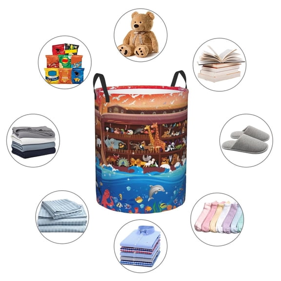 Picia Animals On Noah's Ark2 Large Laundry Basket, Waterproof, Freestanding Laundry Hamper, Collapsible Tall Clothes Hamper with Extended Handles-Medium