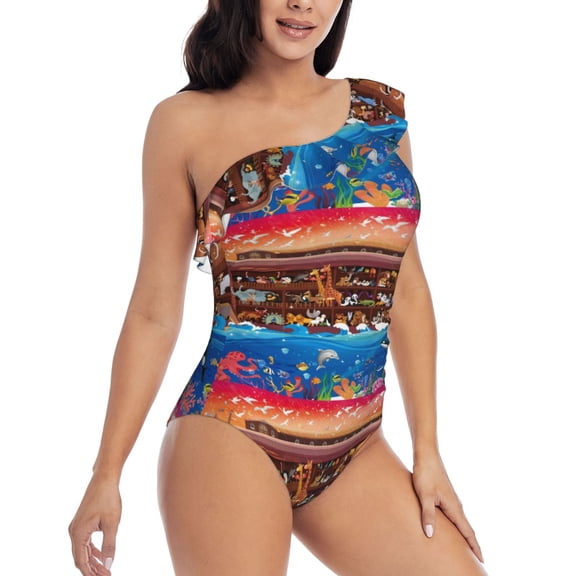 Picia Animals On Noah's Ark2 Pattern Women's One Piece Swimsuits,One Shoulder Swimwear Asymmetric ,Ruffle Monokinis Bathing Suits,High Waisted Flattering Bathing Suits-