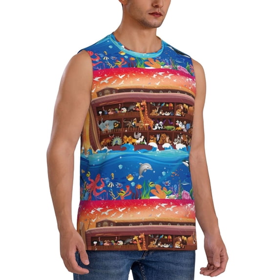 Picia Animals On Noah's Ark2 mens Cotton Tank Undershirts , Moisture-wicking Ribbed Tanks, Lightweight Cotton Tank Undershirts-3X-Large
