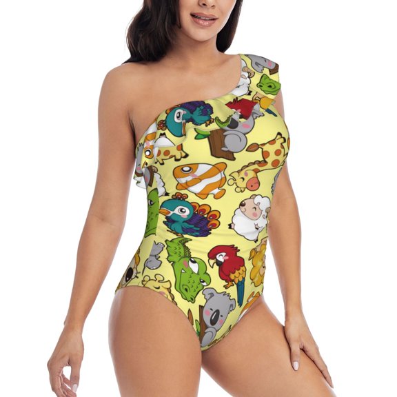 Picia Animals Pattern Women's One Piece Swimsuits,One Shoulder Swimwear Asymmetric ,Ruffle Monokinis Bathing Suits,High Waisted Flattering Bathing Suits-Medium