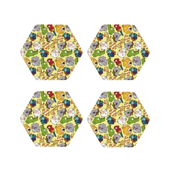 Picia Animals Printed Leather Coasters for Drinks, 4" Drink Coasters Set of 4 for Tabletop Protection, Handmade Luxurious Home Décor and Housewarming Gift -Hexagon