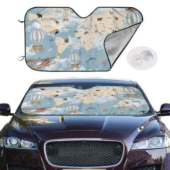 Picia Animals Travel World Map Curved Windshield Sunshade Accordion Folding Style Auto Shade for Car Truck SUV Van Blocks UV Ray Sun Visor Protector -Medium