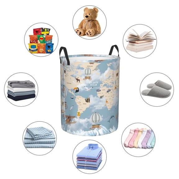 Picia Animals Travel World Map Large Laundry Basket, Waterproof, Freestanding Laundry Hamper, Collapsible Tall Clothes Hamper with Extended Handles-Medium