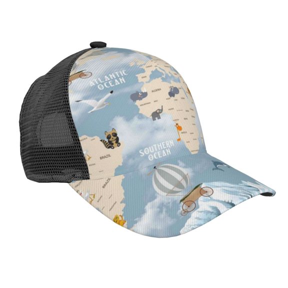 Picia Animals Travel World Map Pattern Trucker Hat,Baseball Cap,Sun Protection Cap,Stylish Headwear,Leisure Cap,Outdoor Sports Cap
