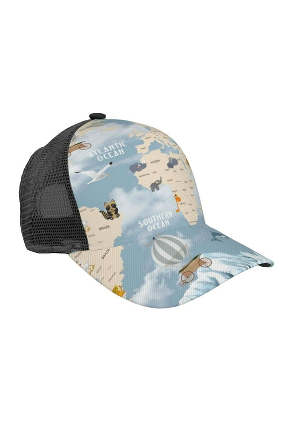 Animals Travel World Map Pattern Trucker Hat,Baseball Cap,Sun Protection Cap,Stylish Headwear,Leisure Cap,Outdoor Sports Cap