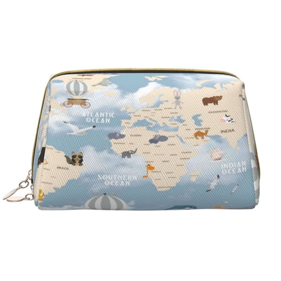 Picia Animals Travel World Map Print Leather Makeup Bag Make Up Bag Travel Toiletry Bag for Her Girlfriend Teacher Teen Girl Gifts