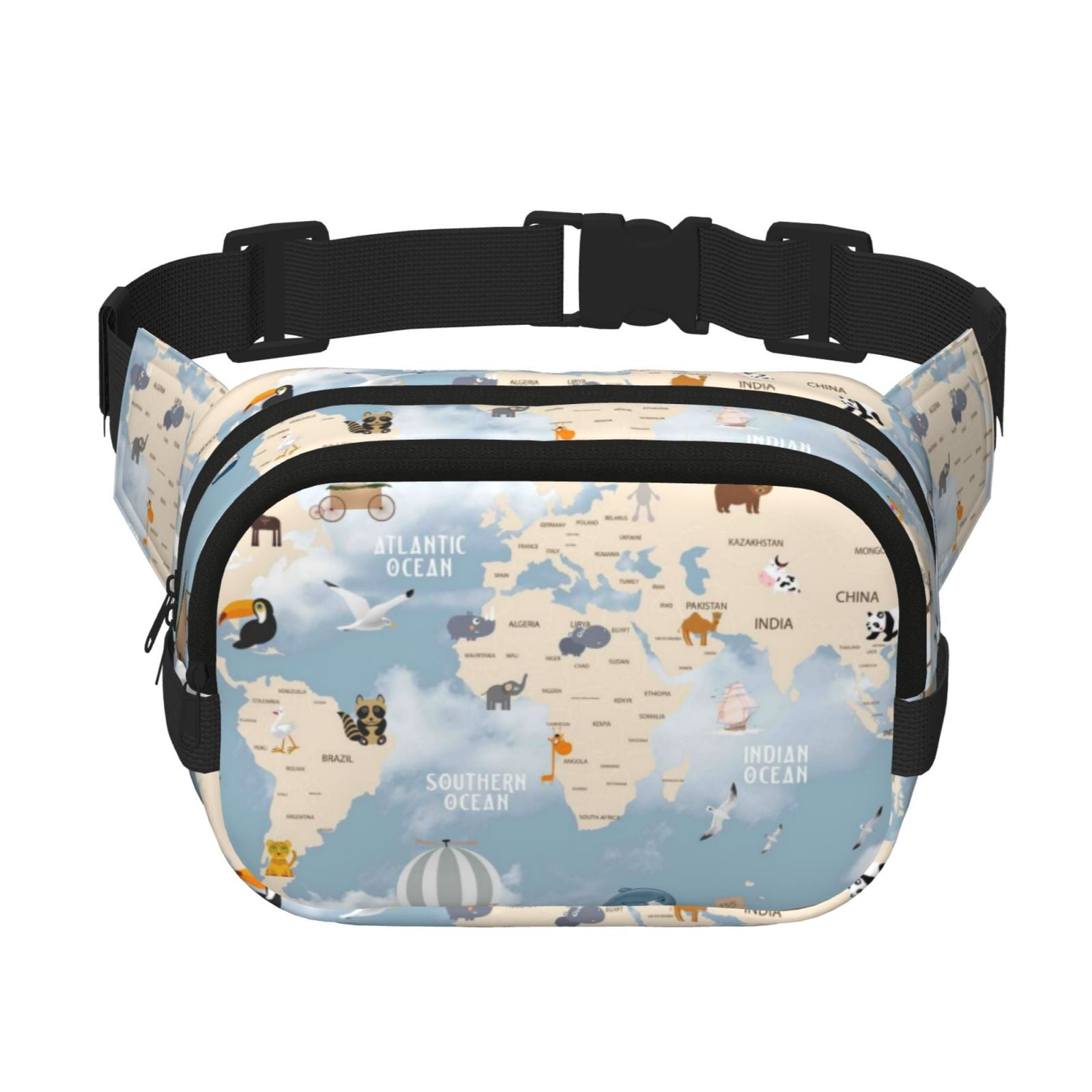 Picia Animals Travel World Map Print Square Double-Layer Waist Bag Mini Adjustable Waist Belt Bag Exercise Running Travel Hiking