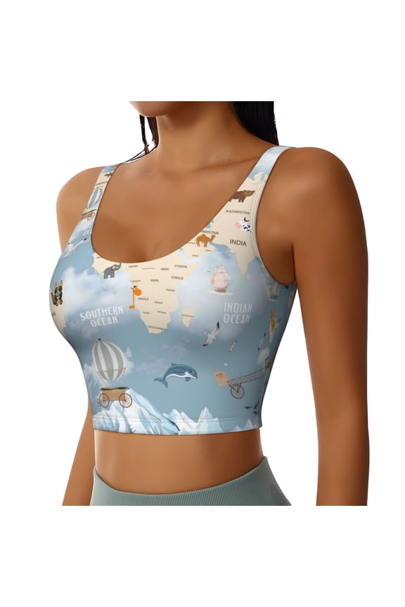 Animals Travel World Map Sports Bra for Women,Padded Strappy Sports Bras Medium Support Yoga Bra with Removable Cups,Running Yoga Bra-Large
