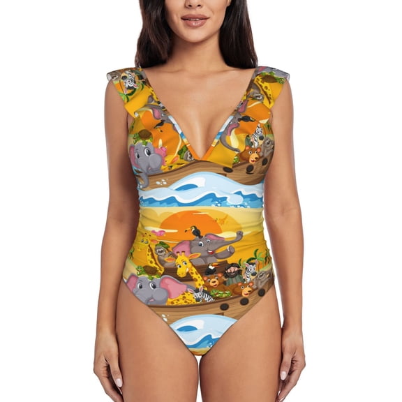 Picia Animals on Noah's Ark1 Blooming Jelly Womens Tummy Control Bathing Suits Slimming Ruffle Swimsuit One Piece Lace Swimwear-