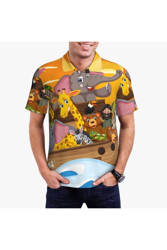 Animals on Noah's Ark1 Print Men's Polo Shirt, Two-Button Closure Pique Polo Shirt, Summer Fashion Golf Shirt-
