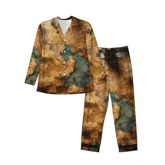 Picia Antique Map Adventure Scene Pattern Men’s Long-Sleeve Sleepwear Set - Soft 2-Piece Loungewear with Pockets, Comfy PJs for Relaxing Nights-Medium