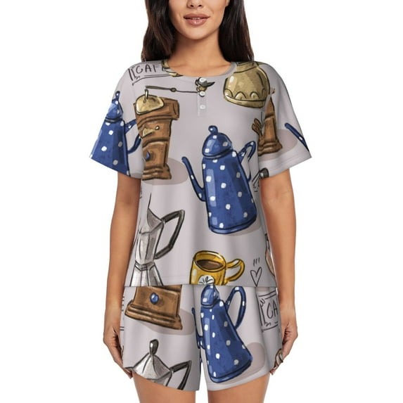 Picia Antique Vintage Teapot Coffee Grinder Pajamas Sets for Women Soft Short-Sleeved Pjs with Lounge Shorts Two Piece Sleepwear-4X-Large