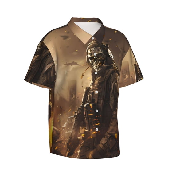 Picia Apocalyptic Skull Soldier Gentle Cotton Regular Fit Short Sleeve Casual Hawaiian Shirt for Men-3X-Large