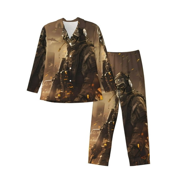 Picia Apocalyptic Skull Soldier Pattern Men’s Long-Sleeve Sleepwear Set - Soft 2-Piece Loungewear with Pockets, Comfy PJs for Relaxing Nights-X-Large