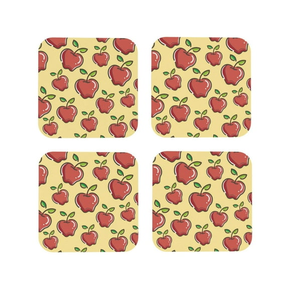 Picia Apple Printed Leather Coasters for Drinks, 4" Drink Coasters Set of 4 for Tabletop Protection, Handmade Luxurious Home Décor and Housewarming Gift -Square