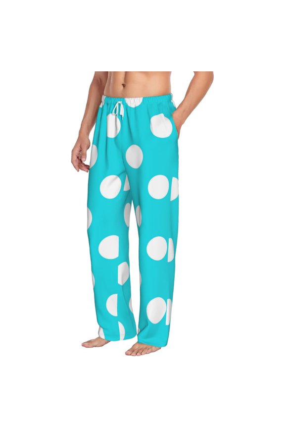 Aqua And White Polka Dot Mens Soft Woven Cotton Elastic Waistband Sleep Pajama Pant Lounge Sleep Pant With Pockets And Drawstring-Medium