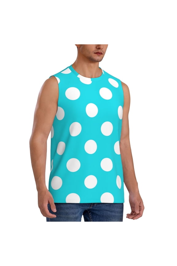 Aqua And White Polka Dot mens Cotton Tank Undershirts , Moisture-wicking Ribbed Tanks, Lightweight Cotton Tank Undershirts-Large