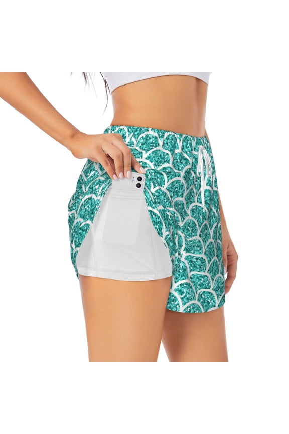 Aquamarine Glitter1 Pattern Women's 2 in 1 Athletic Running Shorts High Waisted Workout Casual Gym Sweat Shorts with Comfy Liner Zipper Pockets-Small
