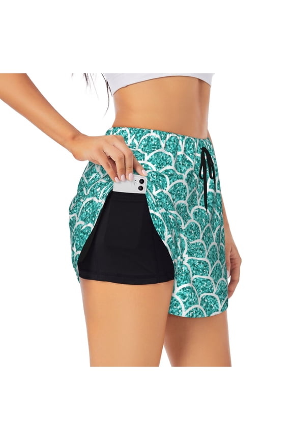 Aquamarine Glitter1 Pattern Women's 2 in 1 Athletic Running Shorts High Waisted Workout Casual Gym Sweat Shorts with Comfy Liner Zipper Pockets-X-Large