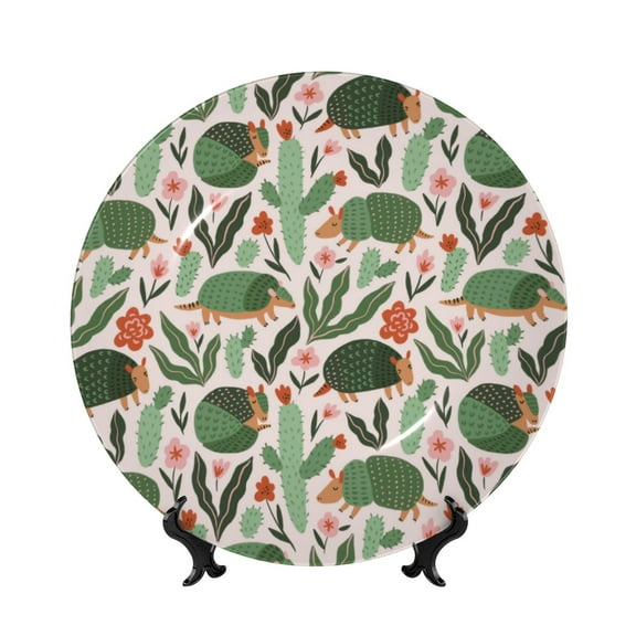 Picia Armadillo Pattern Bone China Decorative Plate – Wall Decor with Stand and Adhesive, Elegant Ornament for Living Room, Office, or Entryway-8in