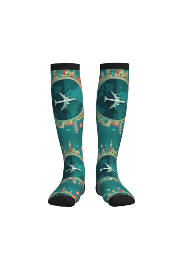 Around The Planet Printed Sports Compression Socks - 15-20mmHg Graduated Compression, High-Performance Soft and Breathable Socks for Men and Women