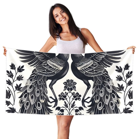 Picia Artistic Black White Peacocks Print Silver Fox Velvet Beach Towel,Quick-Dry Beach Towel,Lightweight Travel Towel,Portable Beach Towels