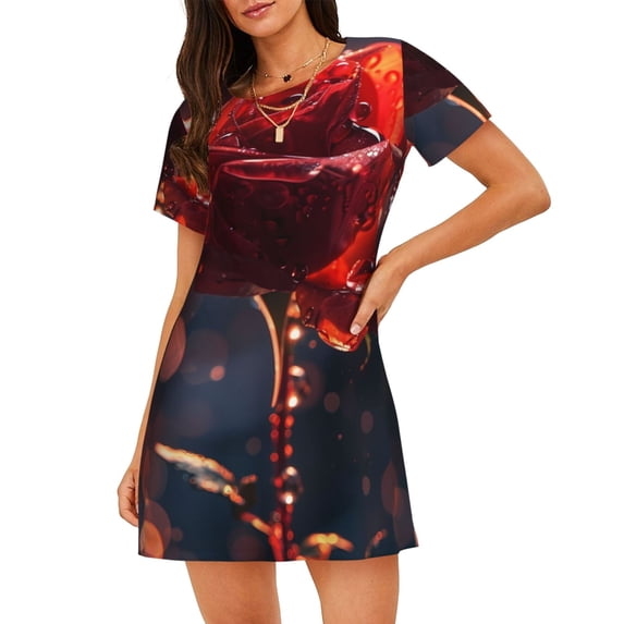 Picia Artistic Dewdrop Rose Pattern Women’s Nightdress – Casual Short-sleeved Loose-Fit Sleepwear, Soft Cotton Short-Sleeve Sleep Shirt for Relaxation & Comfort