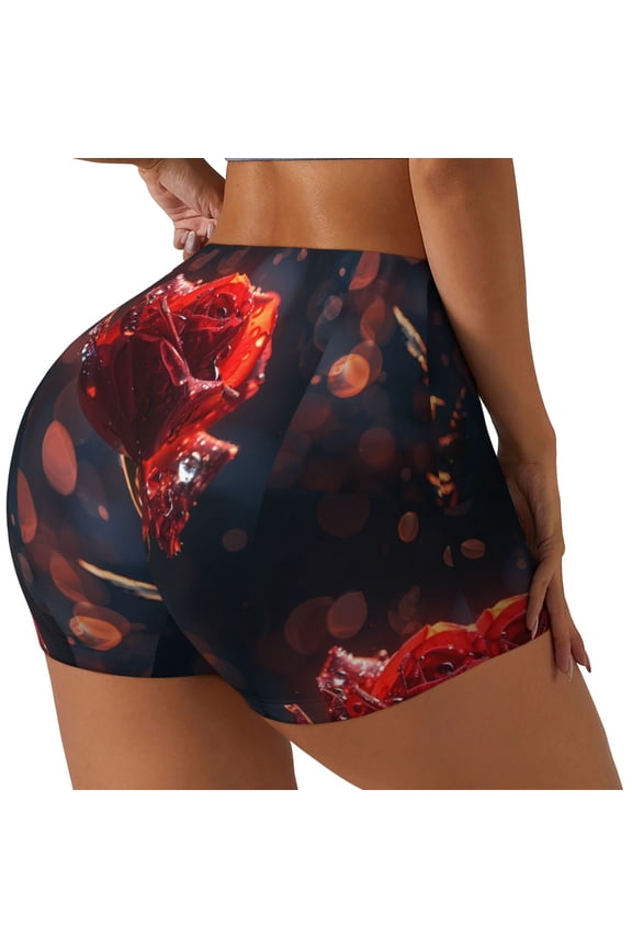 Artistic Dewdrop Rose Printed Workout Shorts for Women Seamless Scrunch Butt Lifting High Waisted Yoga Gym Booty Running Moisture-wicking Short Pants-Large