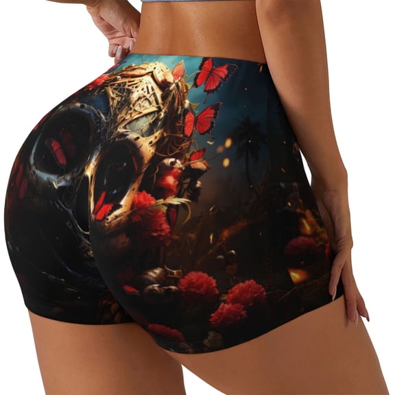 Picia Artistic Flower Butterfly Skull Printed Workout Shorts for Women Seamless Scrunch Butt Lifting High Waisted Yoga Gym Booty Running Moisture-wicking Short Pants-Large