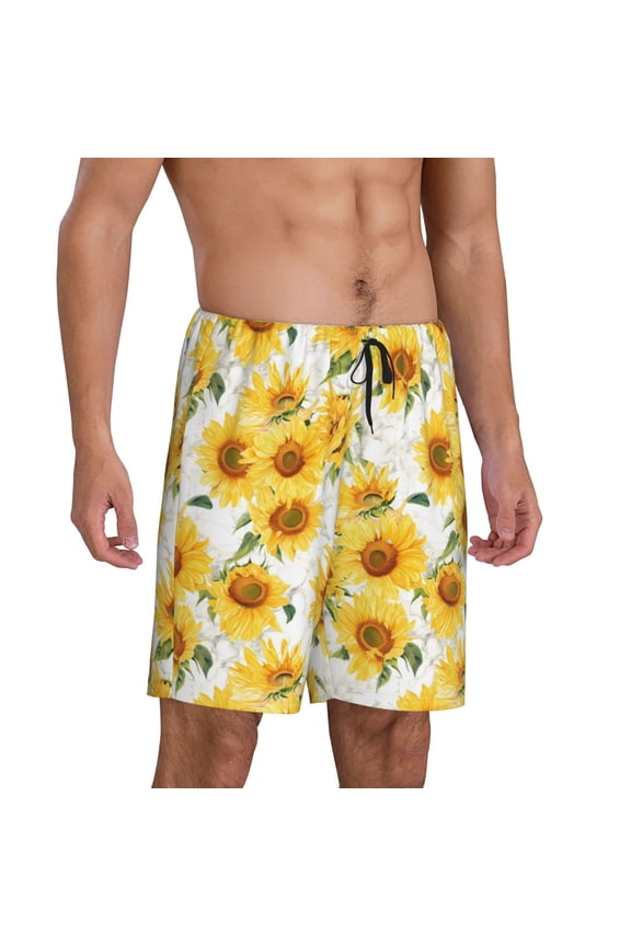 Artistic Marble Pattern Sunflower Pajama Shorts for Men, Men's Pajama Bottoms, Sleepwear,Short Pajama Pants-Medium