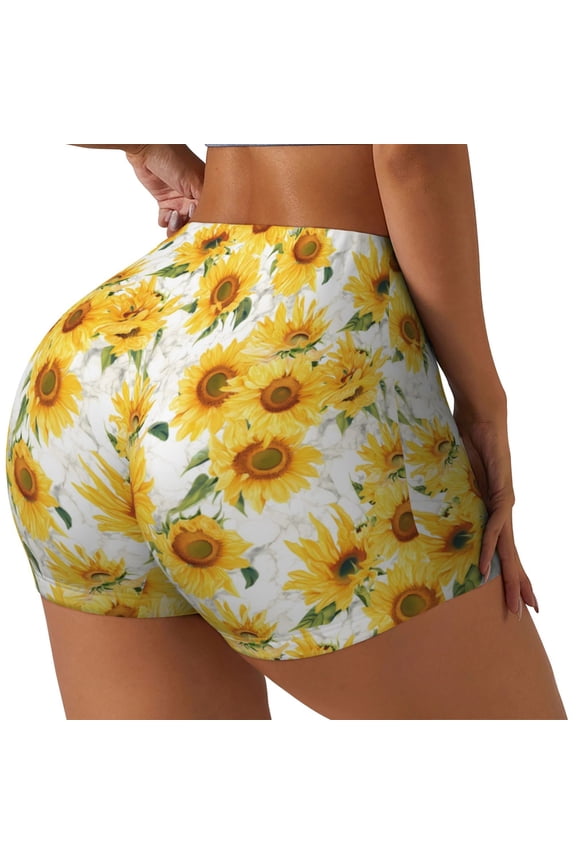 Artistic Marble Pattern Sunflower Printed Workout Shorts for Women Seamless Scrunch Butt Lifting High Waisted Yoga Gym Booty Running Moisture-wicking Short Pants-Small