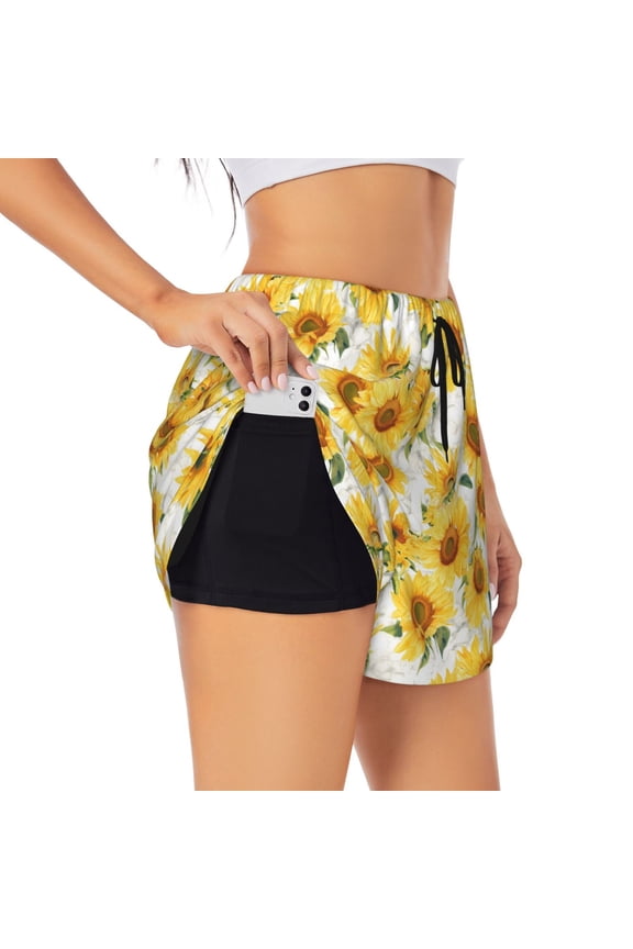 Artistic Marble Pattern Sunflower Pattern Women's 2 in 1 Athletic Running Shorts High Waisted Workout Casual Gym Sweat Shorts with Comfy Liner Zipper Pockets-Small